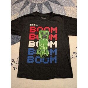 Minecraft Boys Gray Green Creeper White Blue BOOM Short Sleeve Shirt Sz Small 8